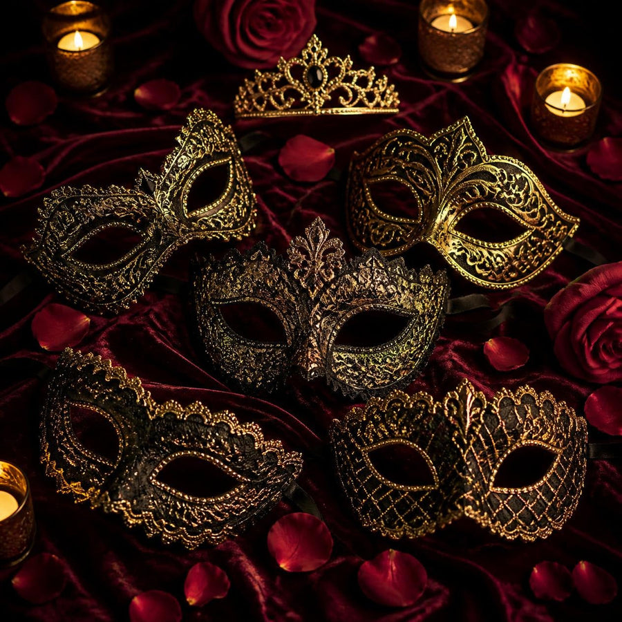 Antifaces de encaje dorado y negro con tiara
