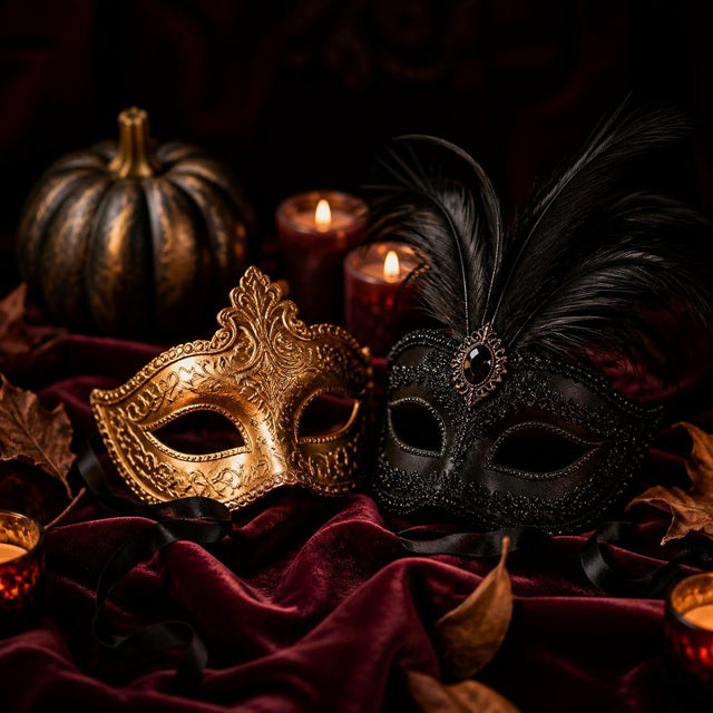 Antifaz dorado y antifaz negro con plumas junto a calabaza y velas