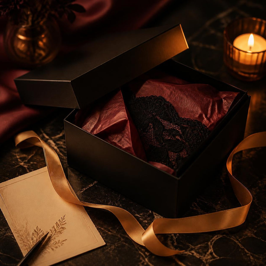 Caja de regalo negra con lencería de encaje y cinta dorada