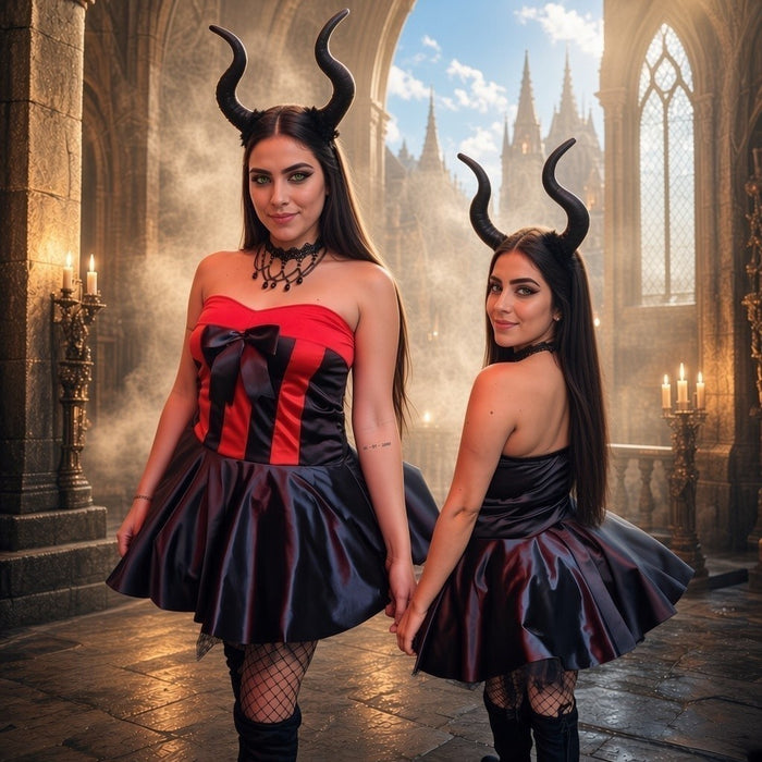 Dos mujeres con disfraz de diablesa gótica Lencerias Darinka, corsé rojo y negro, falda satinada y cuernos de Halloween